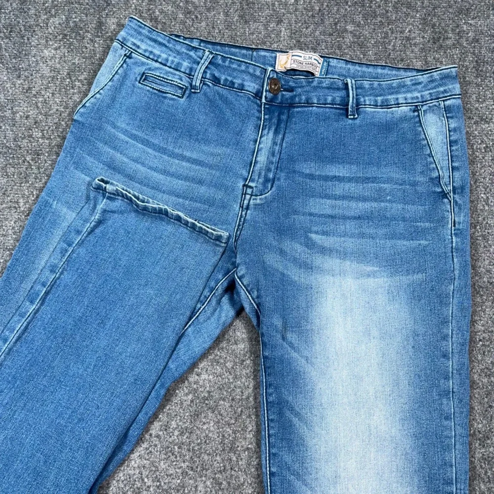 Stone Harbour Slim Fit Denim Jeans Mens 34x33 Stretch Med Wash Blue Fade Whisker